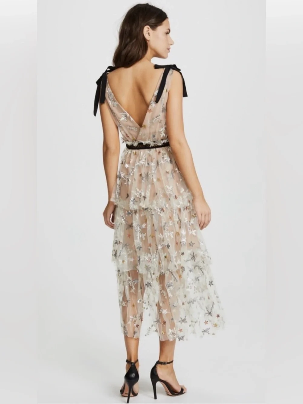 Sheer Star-Embellished Midi Dress in Nude with Black Trim 2 - Picture 2 of 16